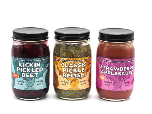 Fed Up Foods kicking pickled beet classic dill relish and strawberry applesauce in a 3 pack variety pack