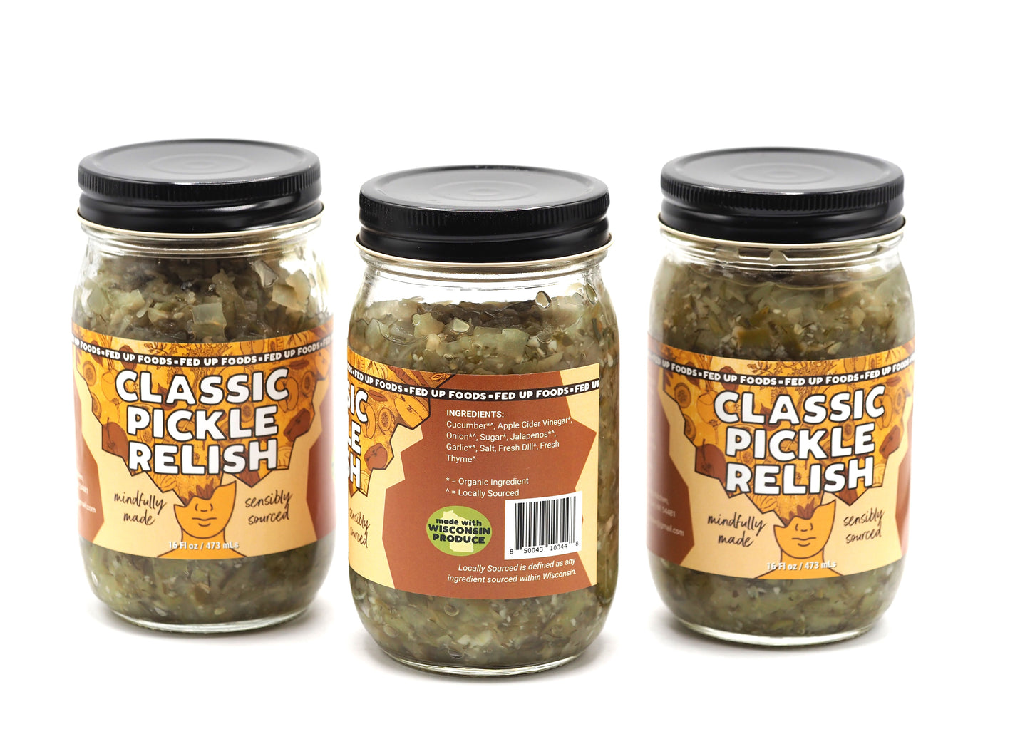 Fed Up Foods Classic Pickle Relish 16 oz with ingredients shown organic 