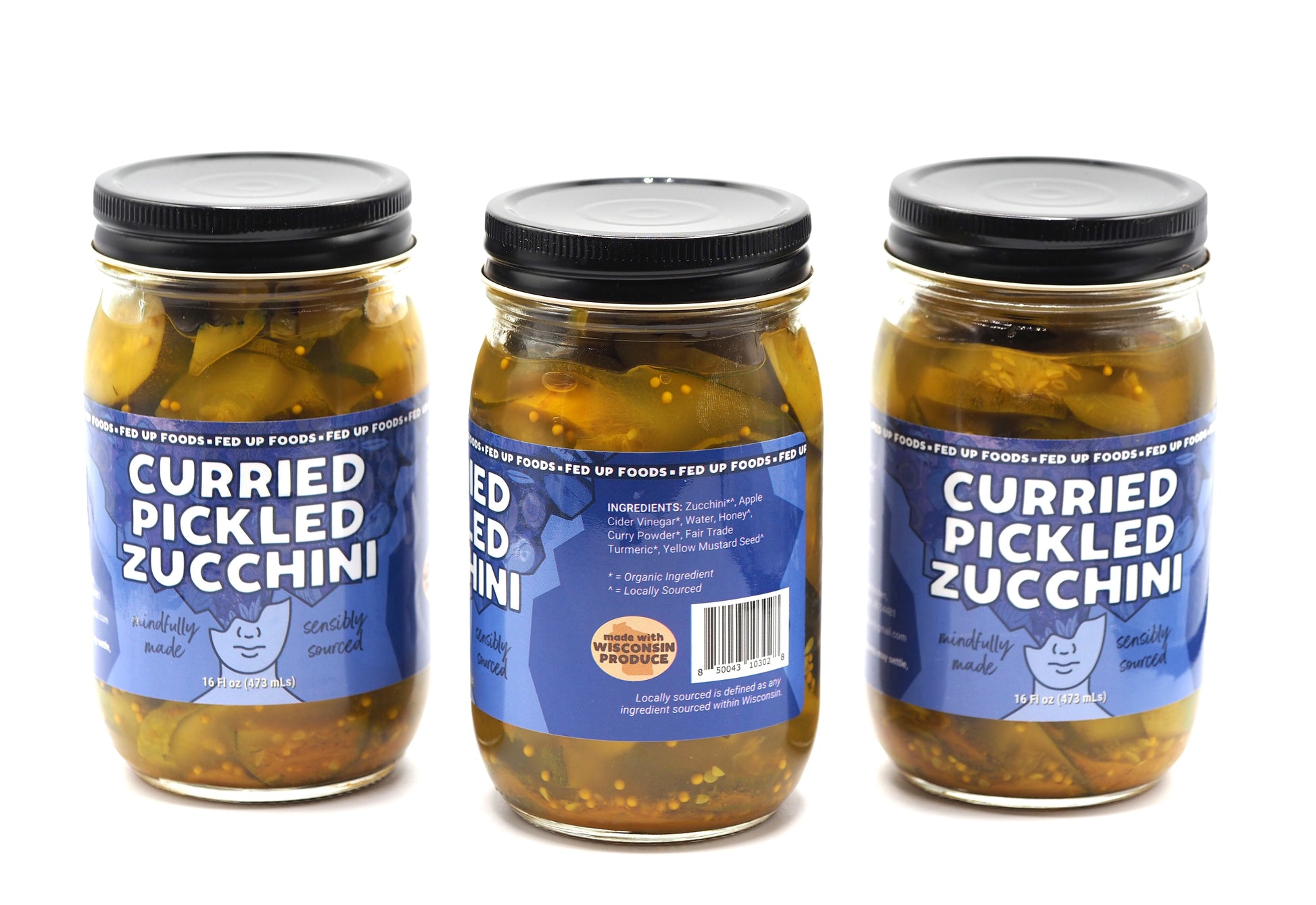 3 pack curried pickled zucchini showing ingredients organic fed up foods